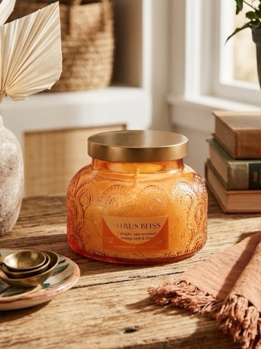 Orange Glass Scented Candle Citrus Bliss Orange Zest & Linen Luxury Textured Jar